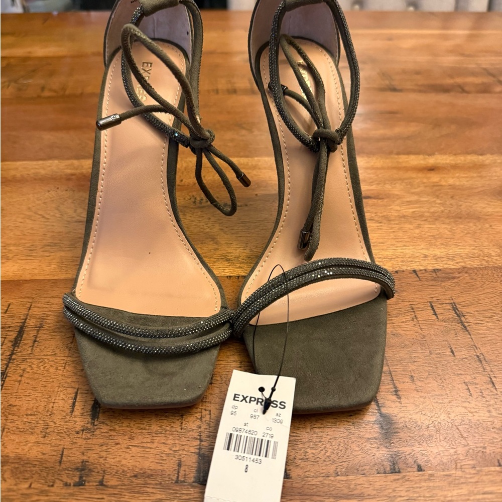 Express Olive Green Suede Ankle-Tie Heeled Sandals